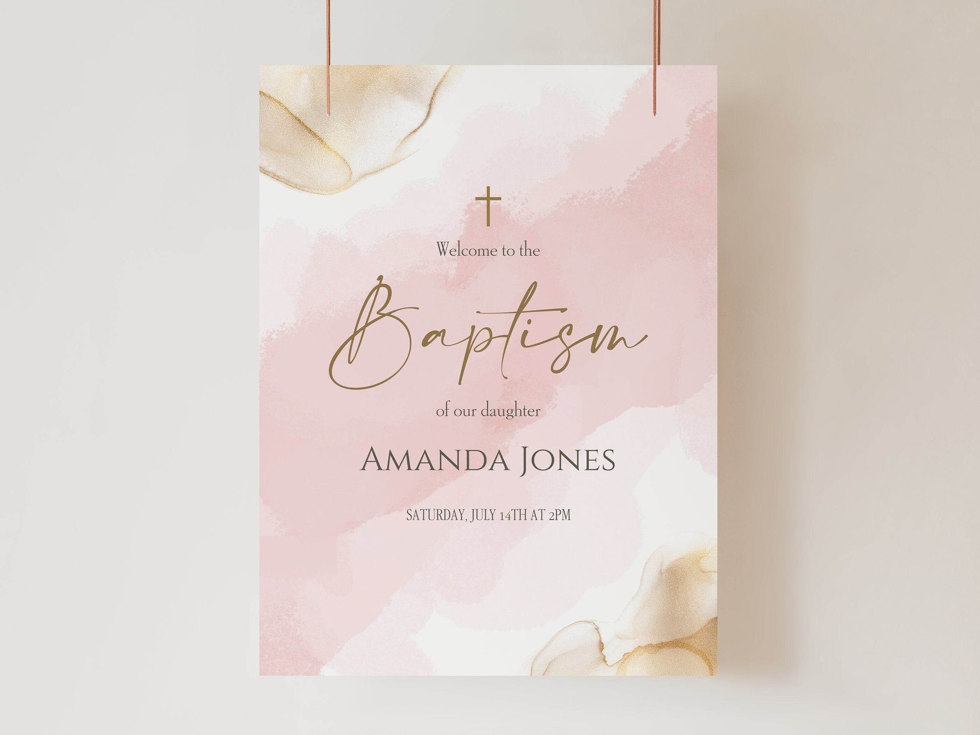 Girl Baptism Welcome Sign Template | Editable Pink & Gold Christening Poster | Printable Watercolor Baby Baptism Sign | Instant Digital Download