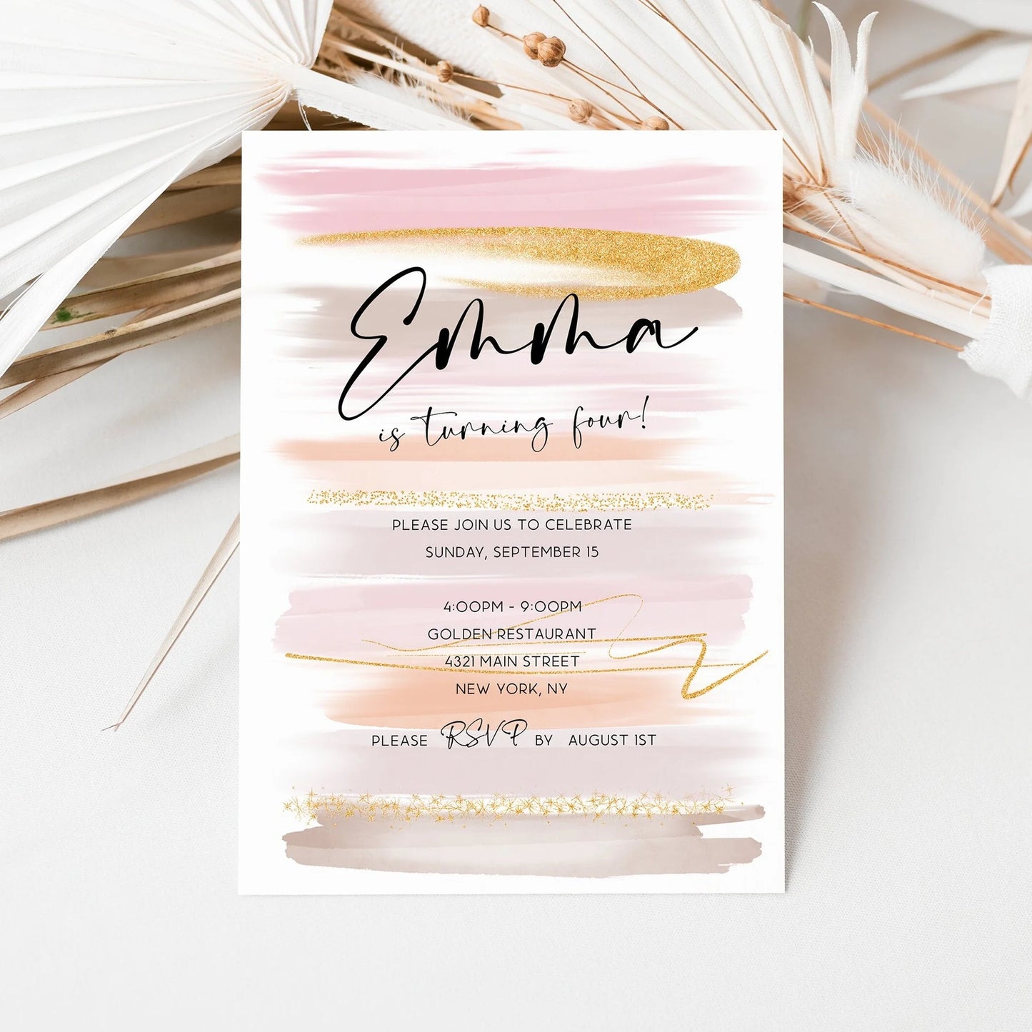 Printable Pastel Rainbow Birthday Invitation Template, Watercolor Gold Glitter Birthday Invite, Editable Girl 4th Birthday Party Invitation