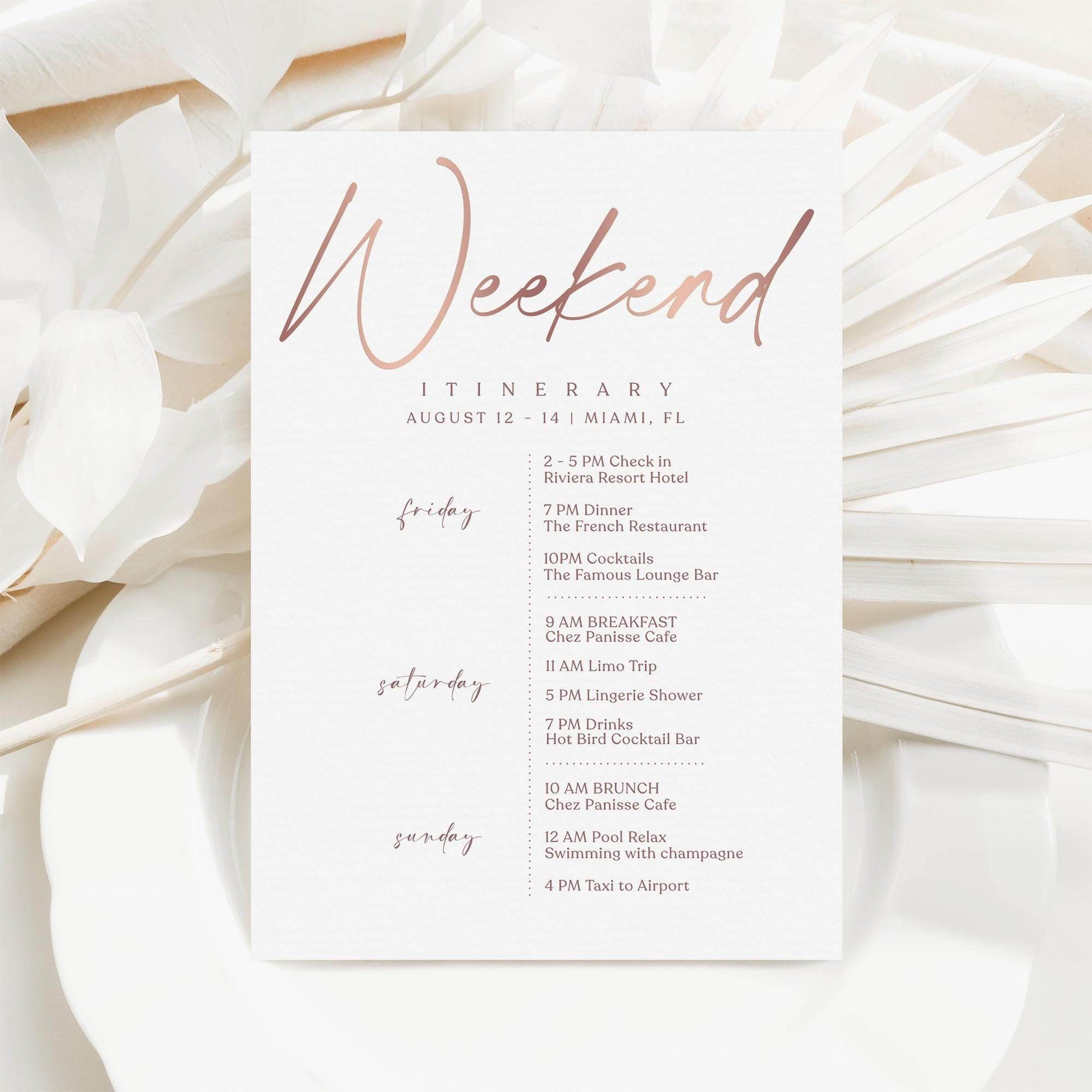 Printable Rose Gold Weekend Itinerary Template – Editable Birthday, Anniversary, or Hen Party Schedule | Elegant Event Planner | Instant Download