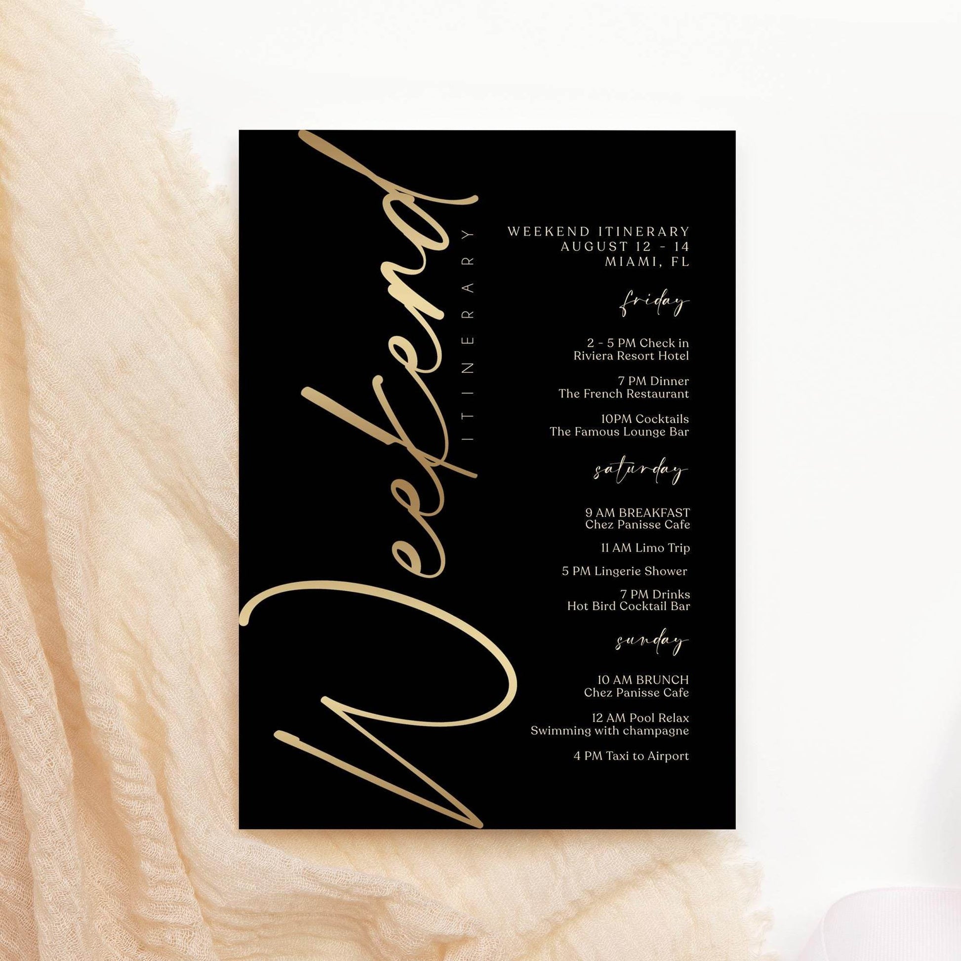 Black Gold Weekend Itinerary Template, Editable Birthday or Bachelorette Schedule, Printable Weekend Event Planner, Instant Download