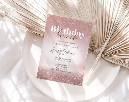 Rose Gold Birthday Brunch Invitation Template, Adult Birthday Lunch Party Invitation, Birthday Invitation, Silver Glitter Editable Text SMS
