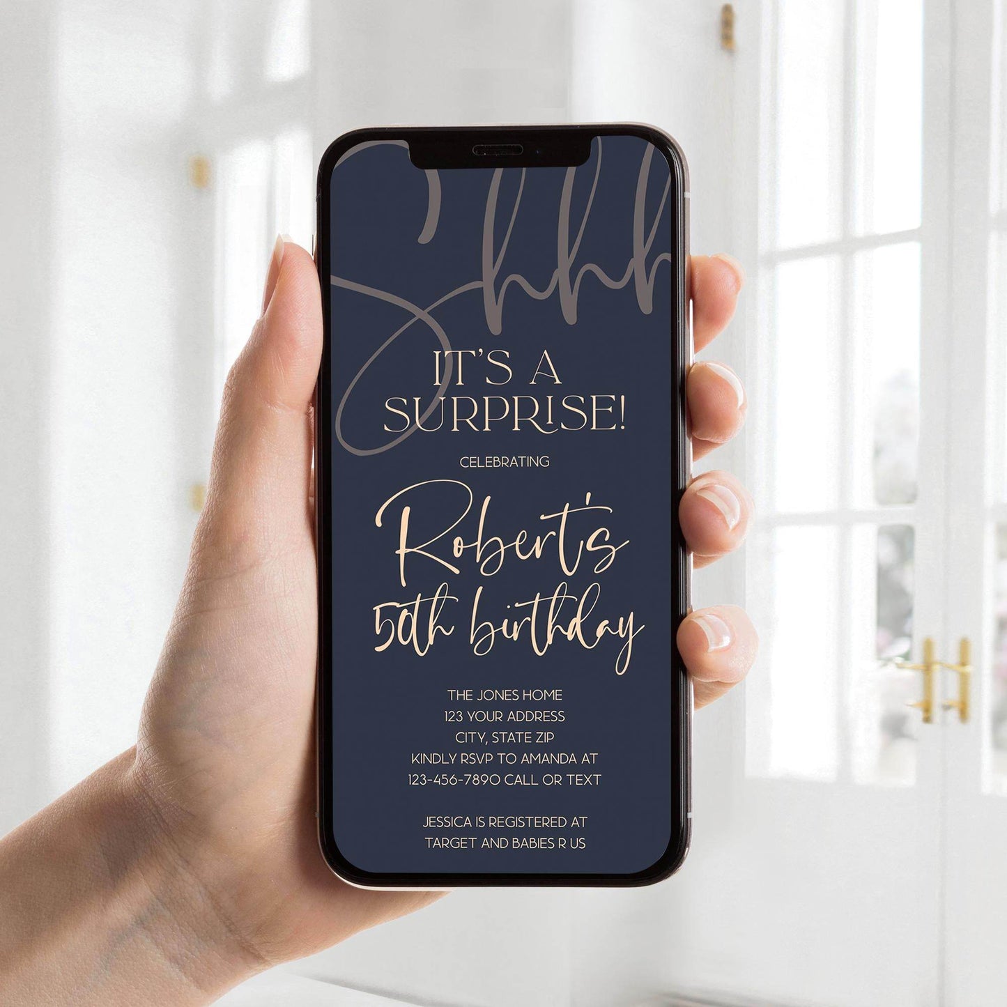 Surprise 50th Birthday Invite - Navy Gold Text Message Evite