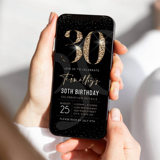 Luxury Digital 30th Birthday Evite Invitation Template, Electronic Black Gold Modern Invite, Editable Email and Text Message Phone Invitation
