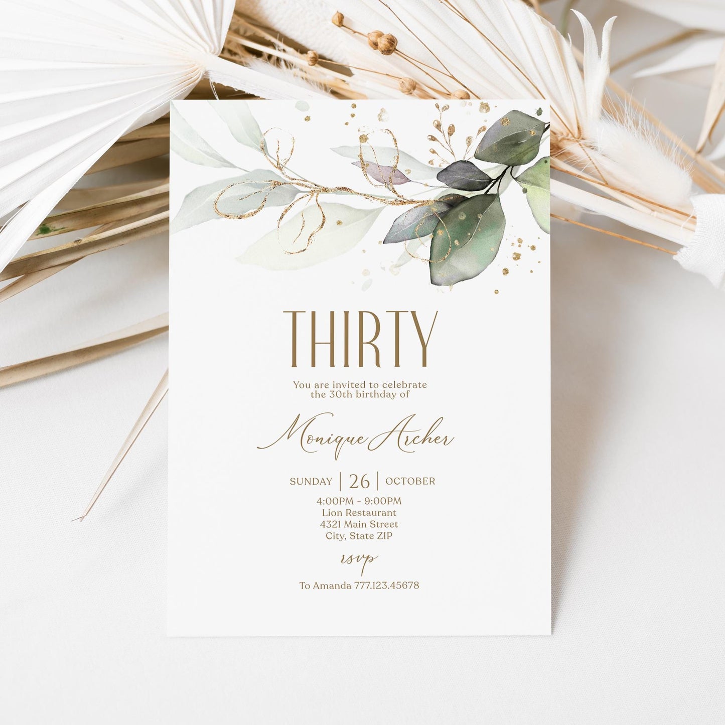 Editable Thirty 30th birthday Invitation Card Template, Printable Greenery Gold Leaves Birthday Invite, Digital Template, Email Text Message