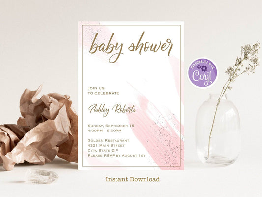 Pink Watercolor Baby Shower Invitation, Oh Baby Invite Template, Minimalist Baby Shower Invitation, Girl Baby Shower Invite INSTANT DOWNLOAD
