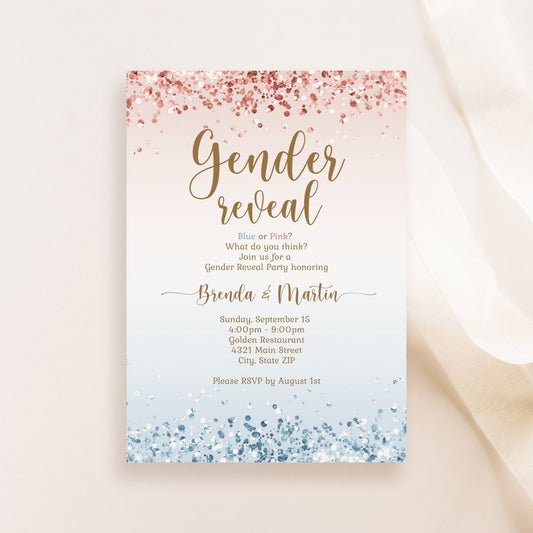 Gender Reveal Baby Shower Invitation Template, Boy or Girl, Blue and Pink Confetti, Gender Reveal Neutral Baby Shower Invite He or She Evite