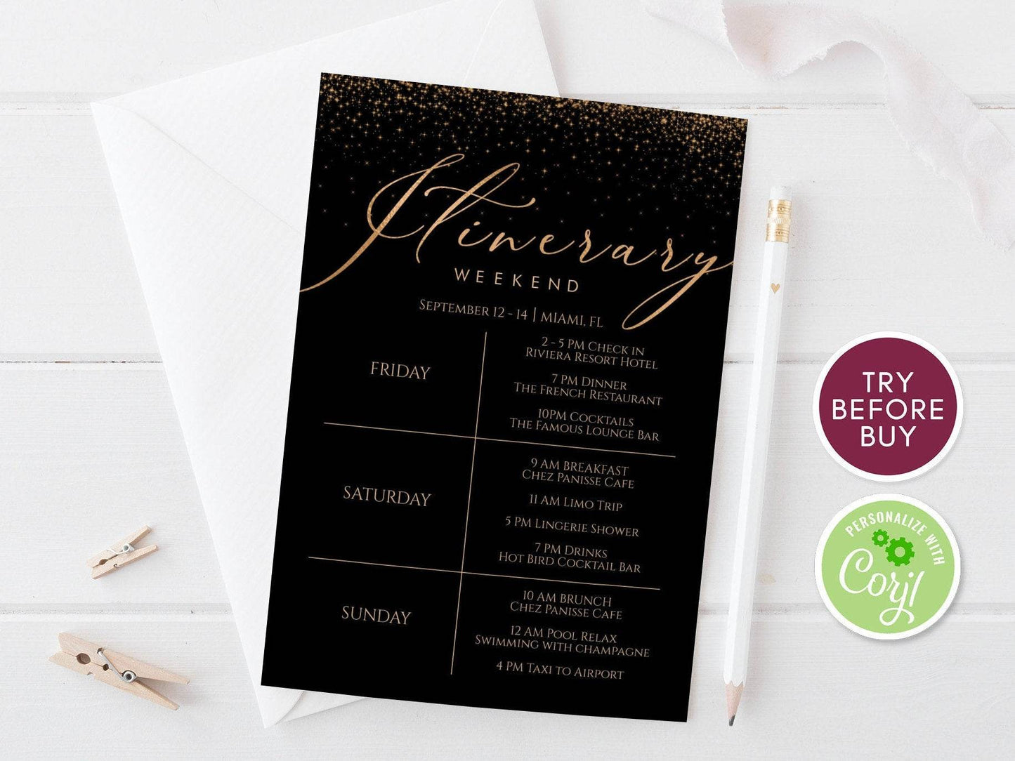Printable Dark & Gold Confetti Itinerary Invitation Template – Editable Weekend Schedule for Bachelorette, Hens Party, or Birthday | Digital Download