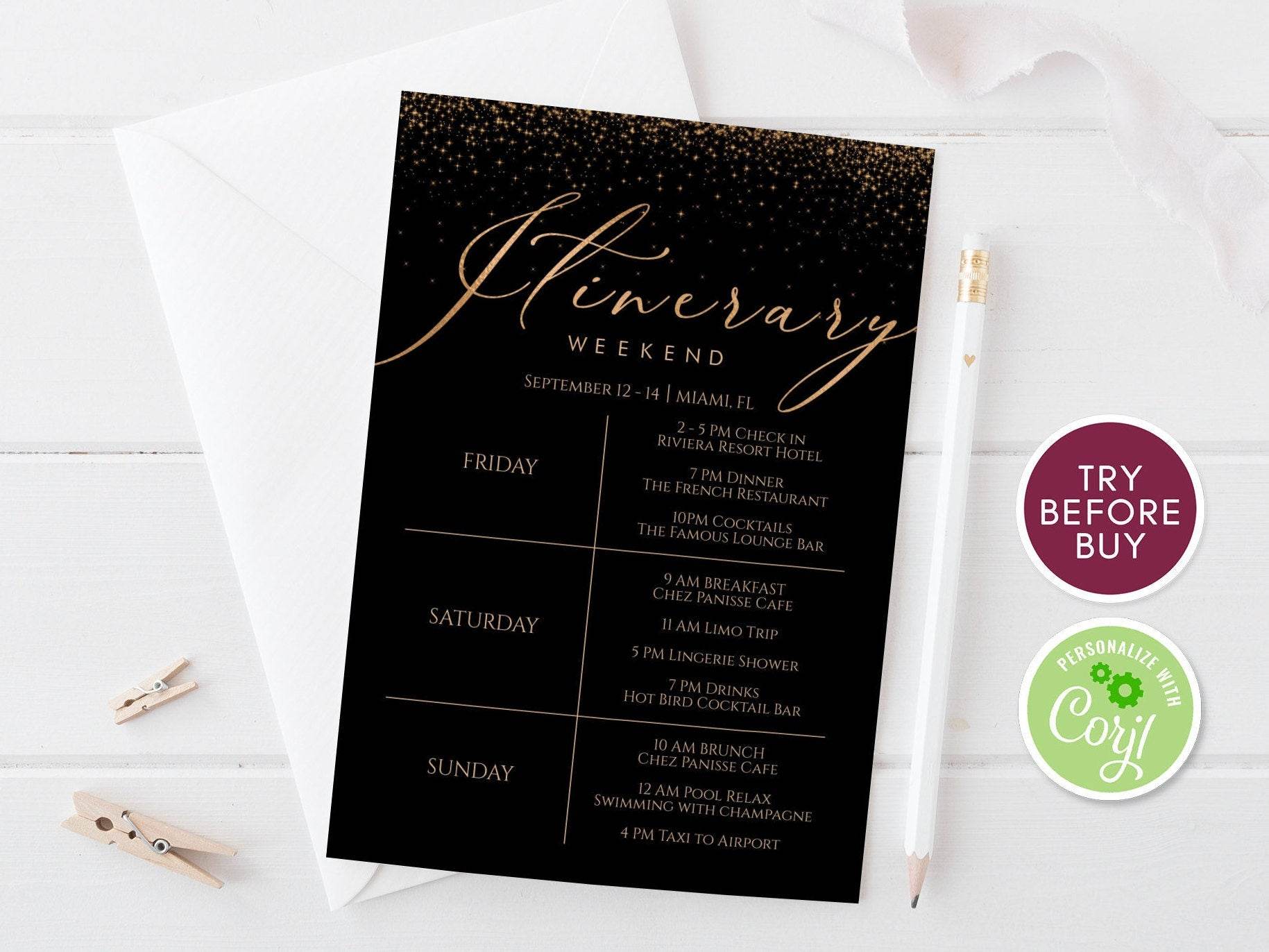 Printable Dark & Gold Confetti Itinerary Invitation Template – Editable Weekend Schedule for Bachelorette, Hens Party, or Birthday | Digital Download