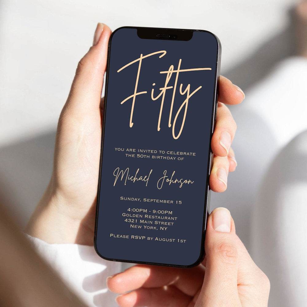 Navy Gold 50th Birthday Electronic Invitation Evite – Editable Phone Text Message Invite | Digital Email Men’s Birthday Template | Instant Download