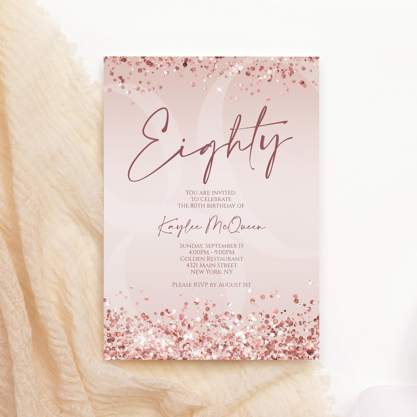 Rose Gold 80th Eighty Invitation Template Printable, Editable Pink Women 80th Birthday Invite, Email Text Message, Birthday Card Invitation