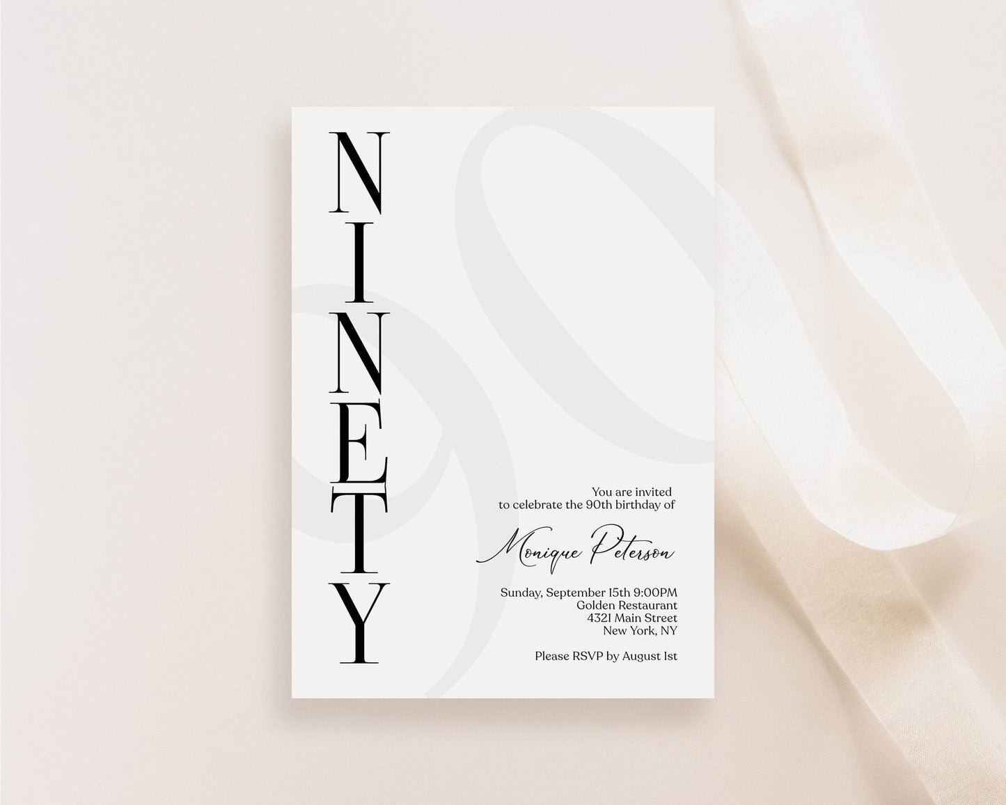 Simple 90th Birthday Invitation Template, Minimalist Editable Invite, Printable Modern Ninety Birthday Card, Elegant 90th Birthday Download