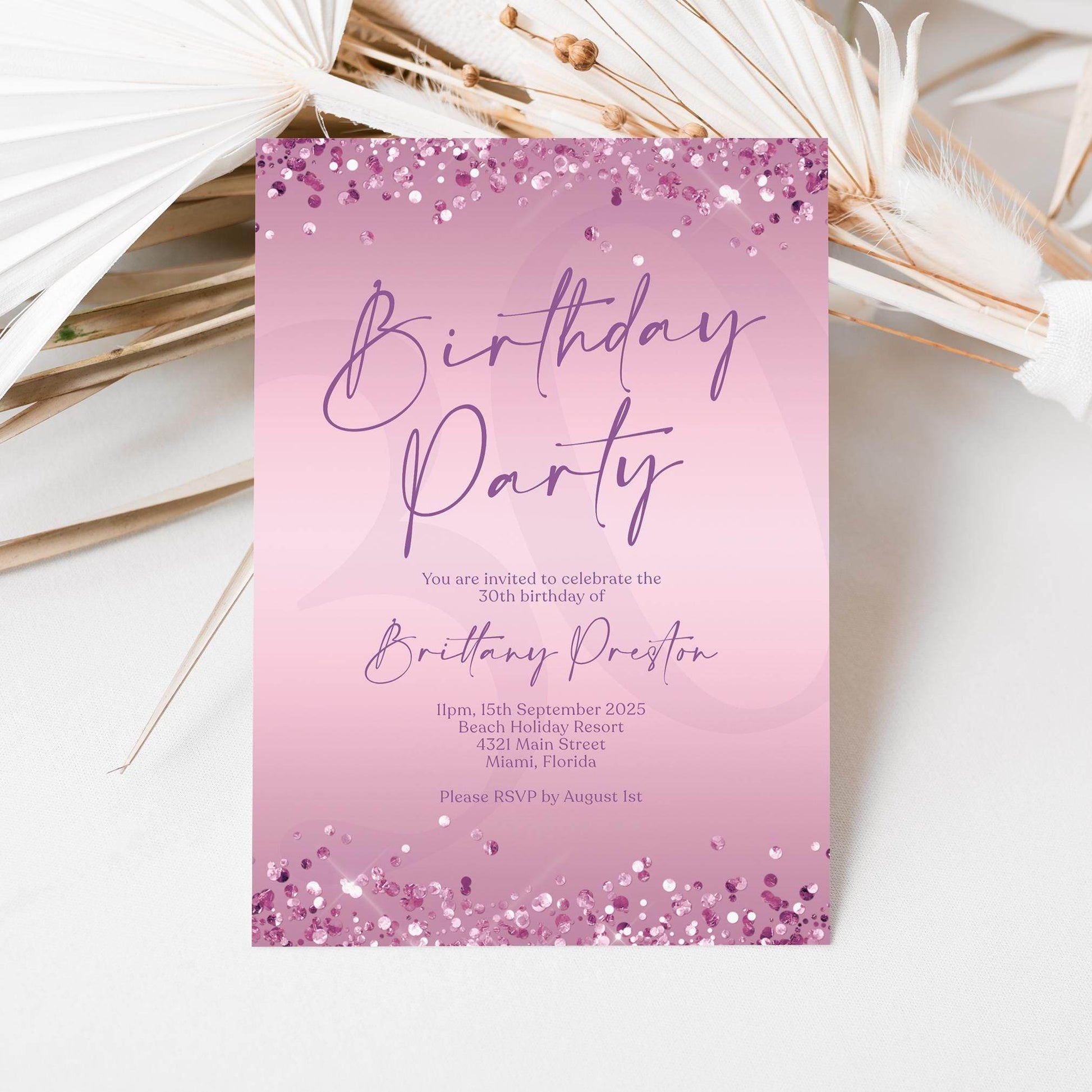 Editable Purple Birthday Party Invitation Template, Printable Woman Birthday Invite, Any Age Birthday Card Invite, Modern Email Text Message