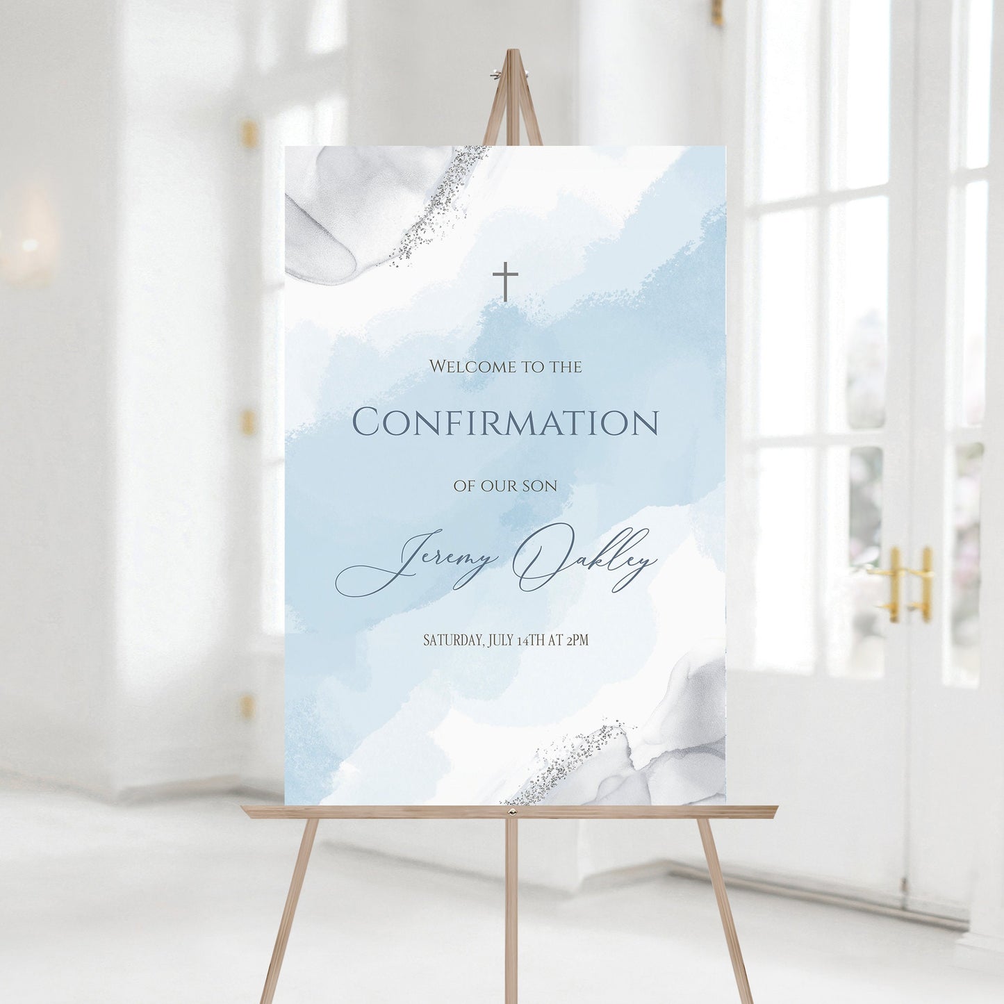 Blue Silver Boy Confirmation Welcome Sign, Welcome Sign Template, Printable Confirmation Sign, Editable Baptism Watercolor Welcome Poster