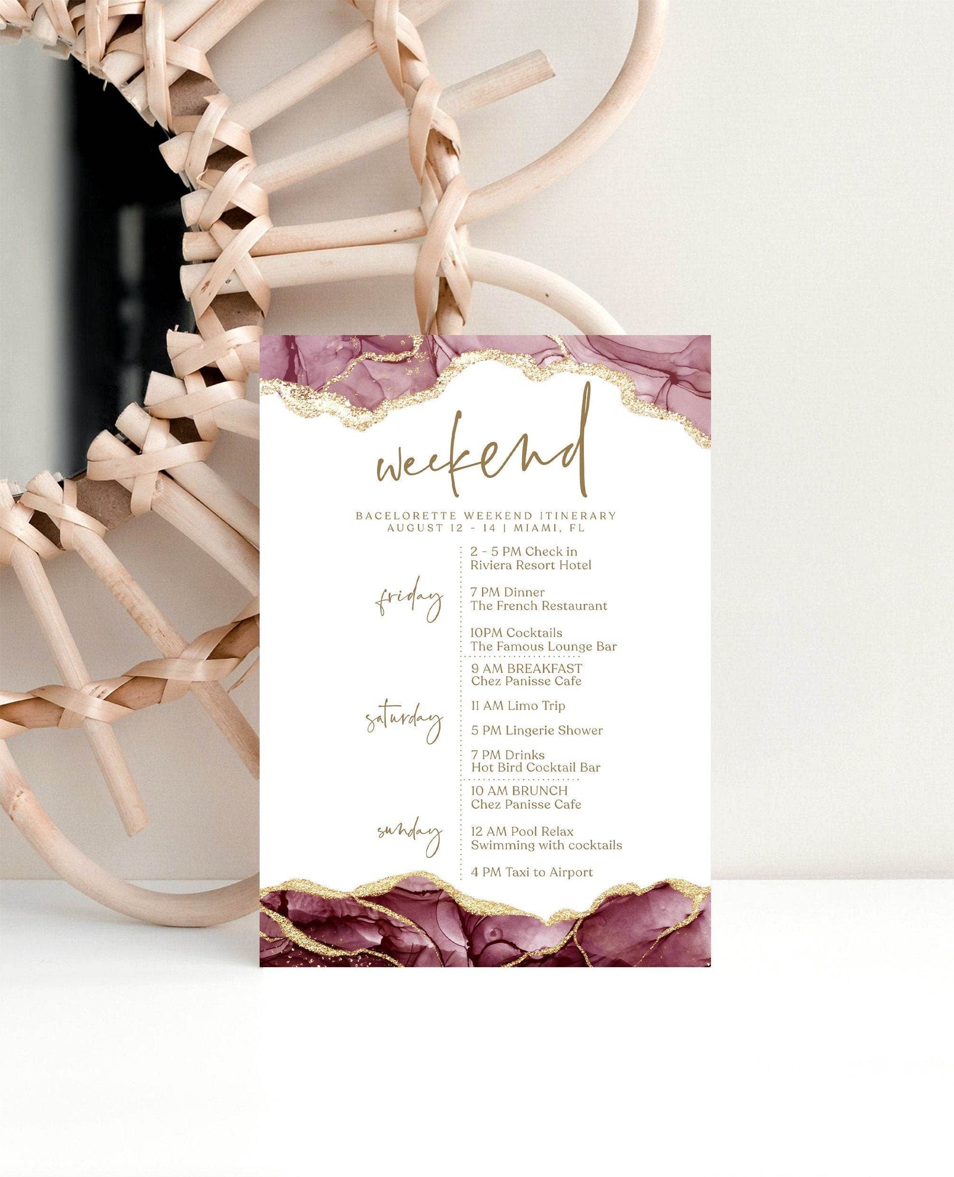 Printable Burgundy Gold Weekend Itinerary Template, Editable Hens Party Bachelorette Schedule, Elegant Birthday Weekend Invitation, Instant Download