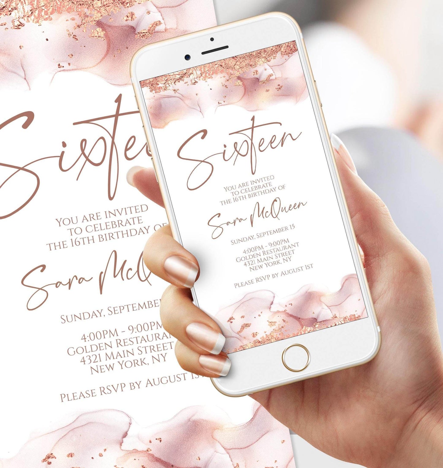 16th Birthday Electronic Invitation, Rose Gold Editable Sweet Sixteen Evite, Digital Blush Text Message Invite, Phone Party Template