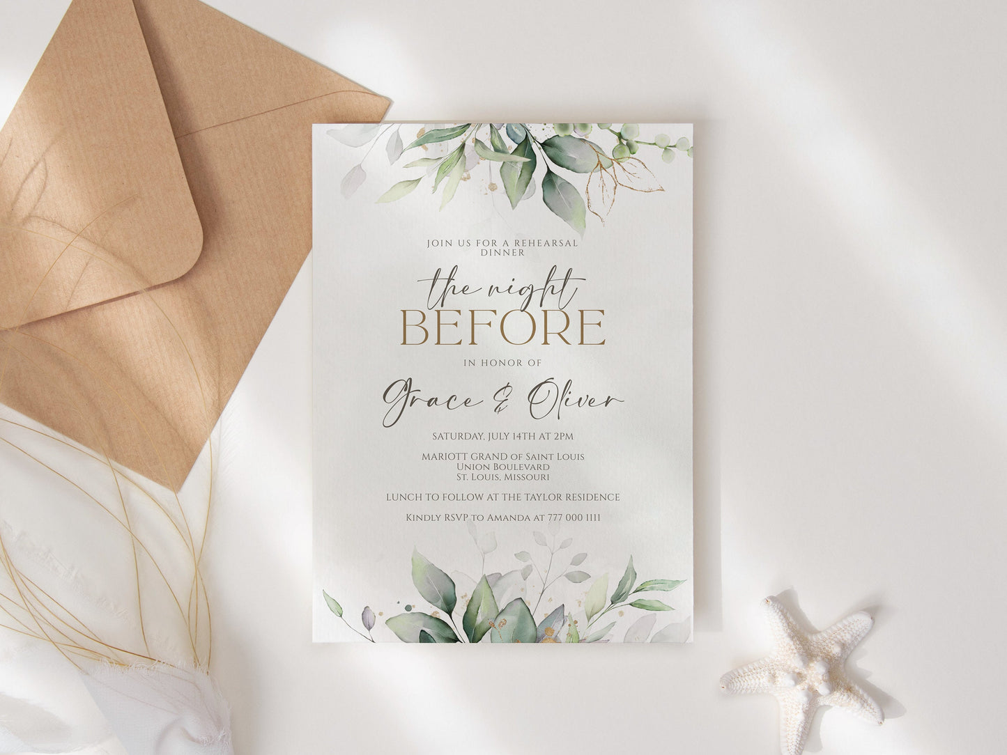 Printable Wedding Rehearsal Dinner Invitation Template - Greenery Design | Instant Download