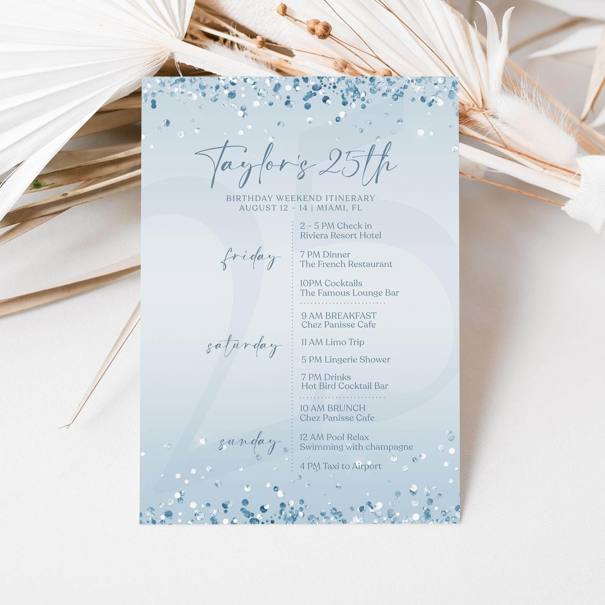 Editable Blue Silver Any Age Birthday Itinerary Template, Printable Blue Confetti Itinerary, Ladies Weekend Itinerary, Email Text Message