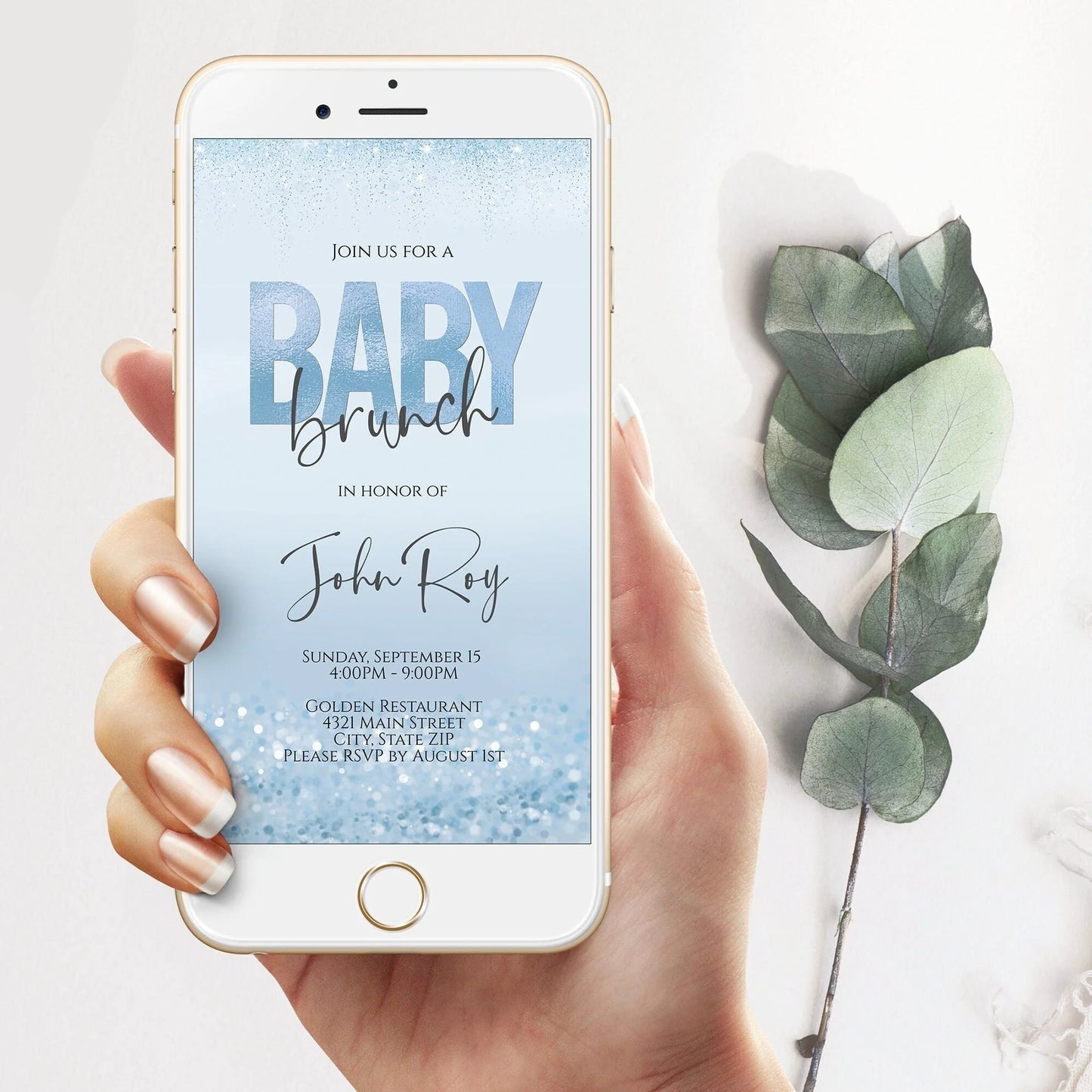 Digital Blue Gold Foil Boy Baby Brunch Evite, Electronic Baby Shower Invitation, Text Message Invite, Editable Template, Instant Download