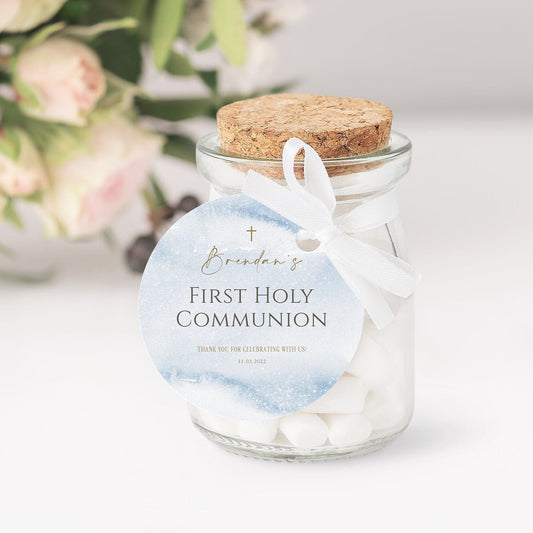 Round First Communion Favor Tag | Blue Watercolor Cross Tag | Printable Boy Baptism Thank You Tag 2x2 | DIY Digital Template