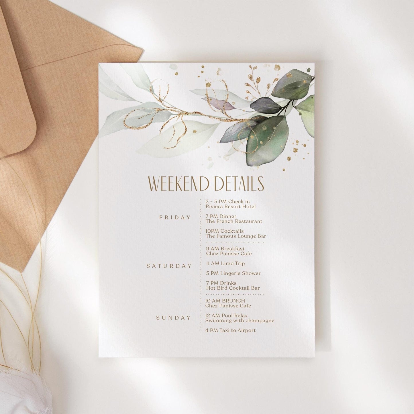 Editable Greenery Wedding Itinerary Card Template, Eucalyptus Birthday Weekend Details Template, Digital Timeline Schedule Weekend Events