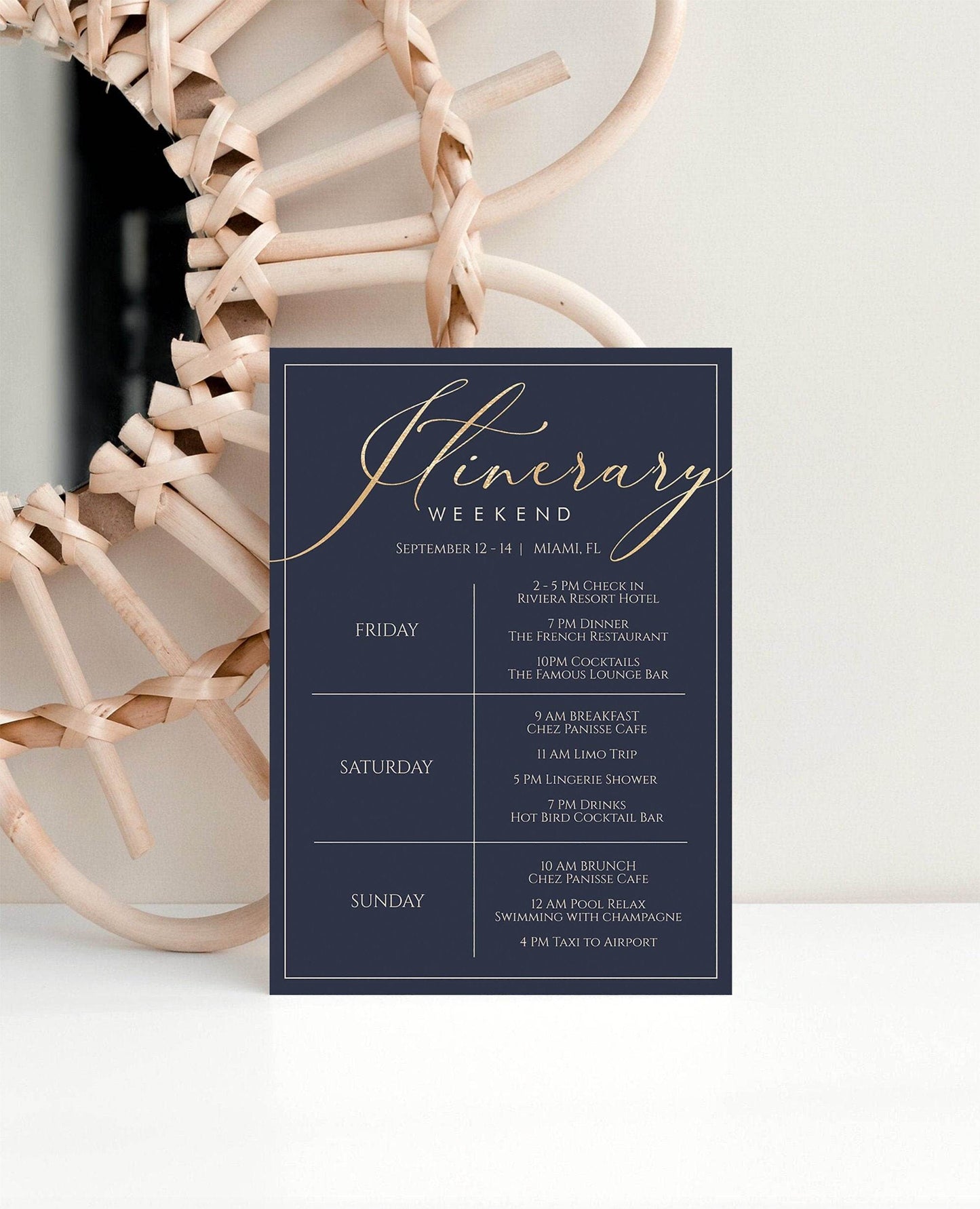 Printable Itinerary Template, Editable Weekend Schedule for Hens Party, Bachelorette, Birthday, Gold Foil Navy Itinerary 5x7, Instant Download