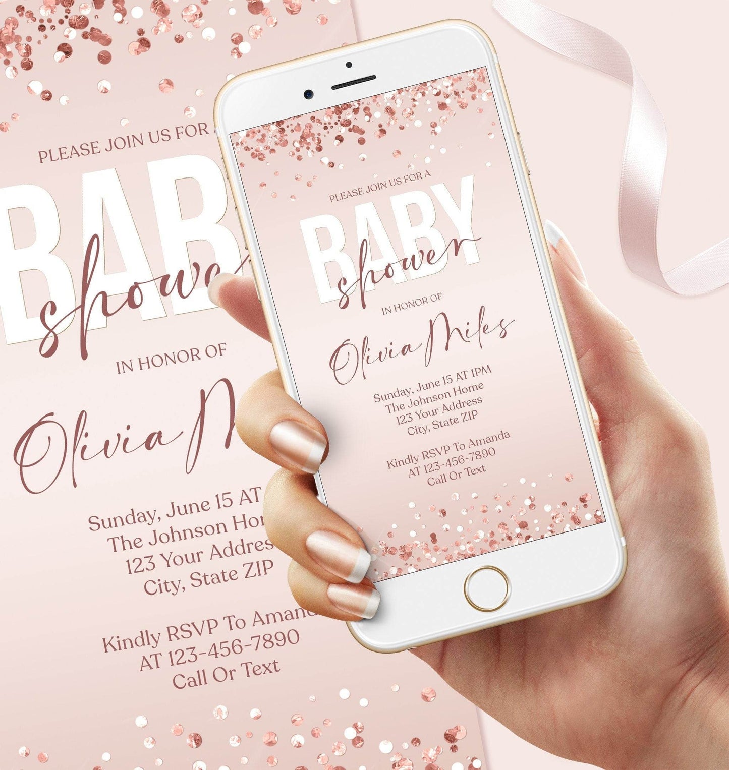 Electronic Baby Shower Text Message Invitation Template – Digital Rose Gold Confetti Editable Baby Shower Evite | Girl Baby Shower Text Invite | Instant Download