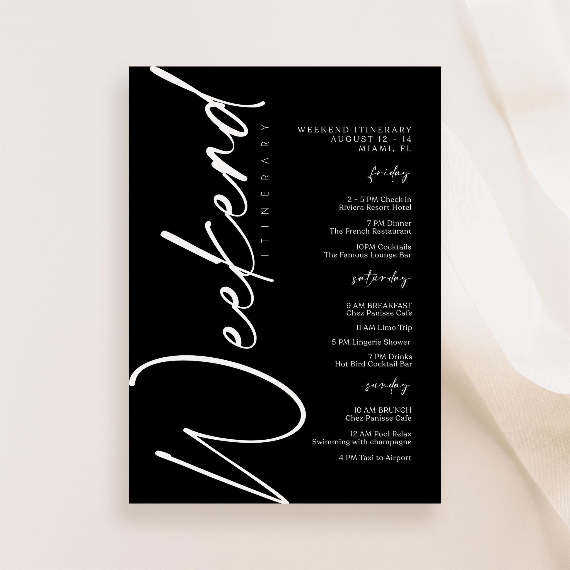Editable Black Weekend Itinerary Template | MagicalEventCo