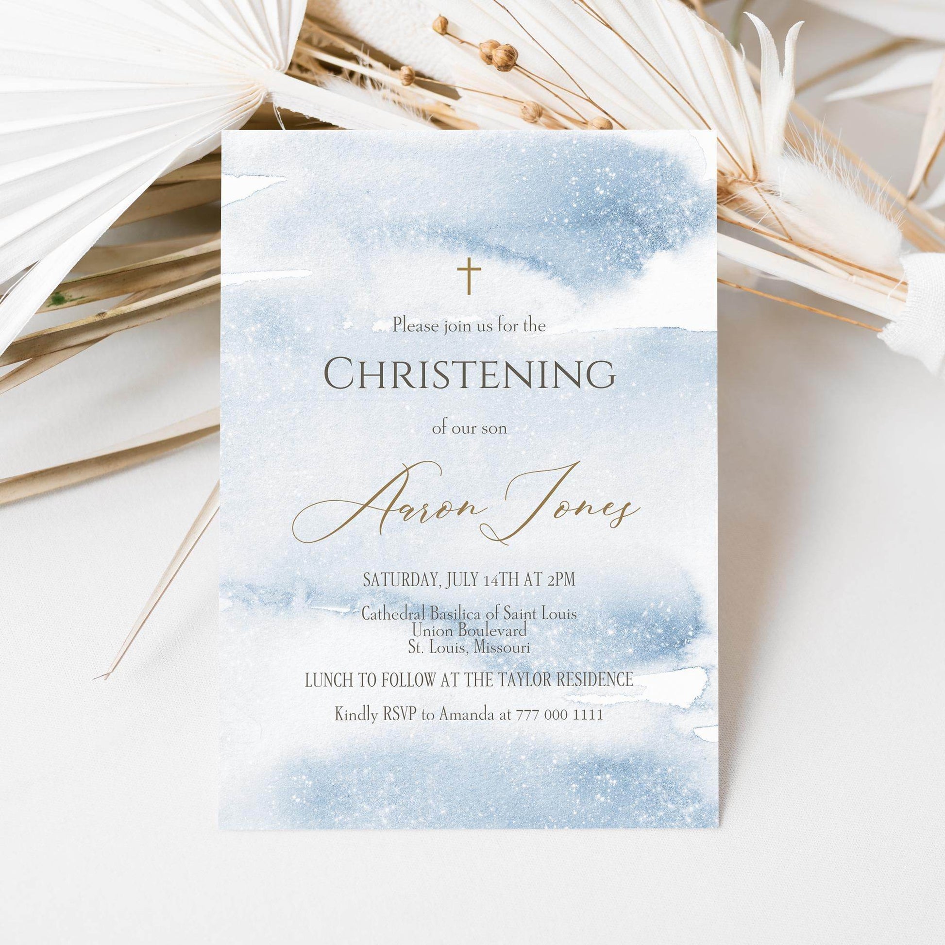 Boy Christening Invitation Template Printable – Blue Watercolor Baptism Invite – Editable Baby Boy Christening Card – Instant Download Digital Invite