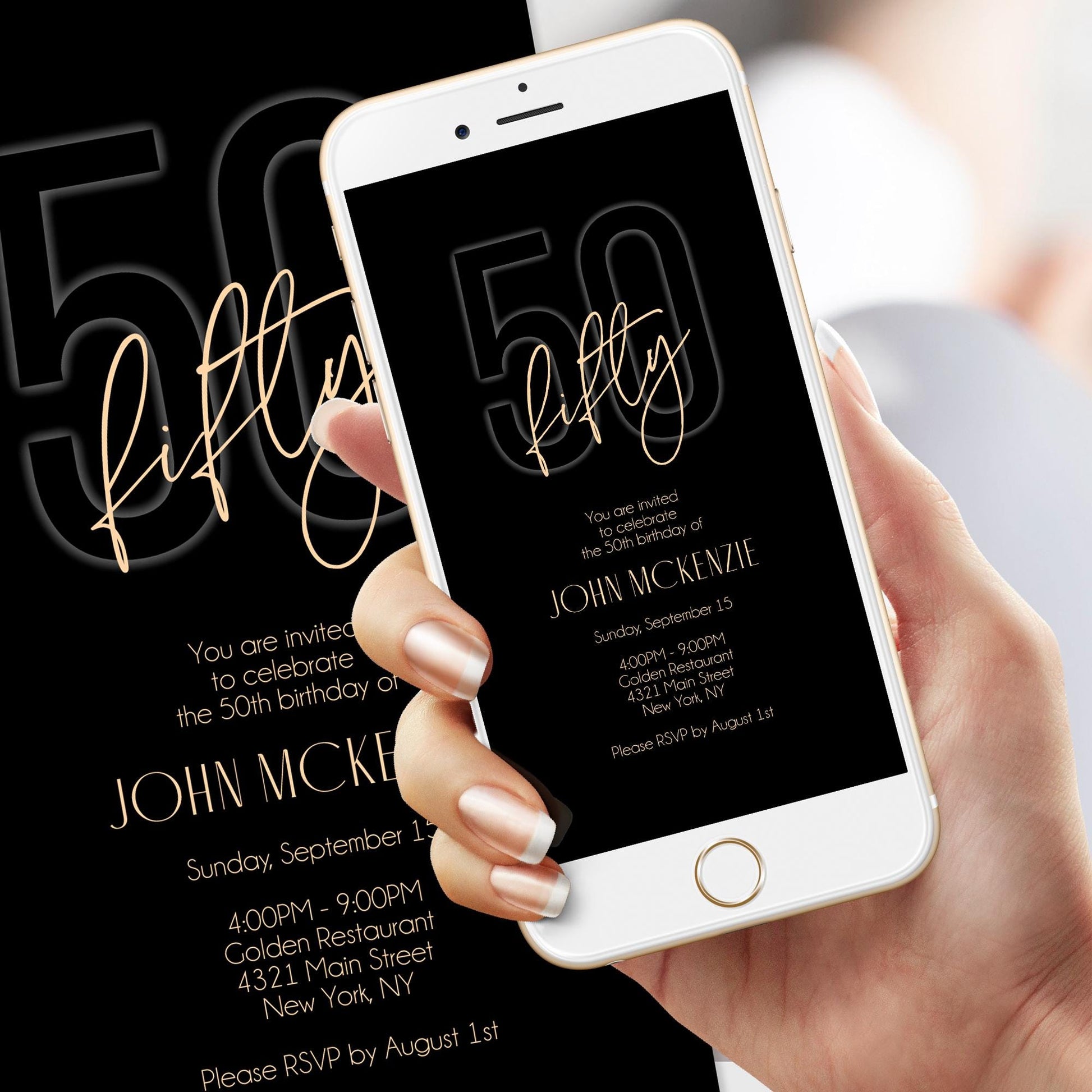 Black Gold 50th Birthday Invitation - Editable Digital Evite