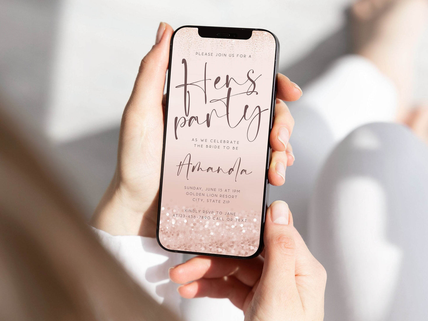 Digital Rose Gold Hens Party Invitation Template, Electronic Hens Party Invite, Bachelorette Text Message Evite, Custom Mobile Invitation