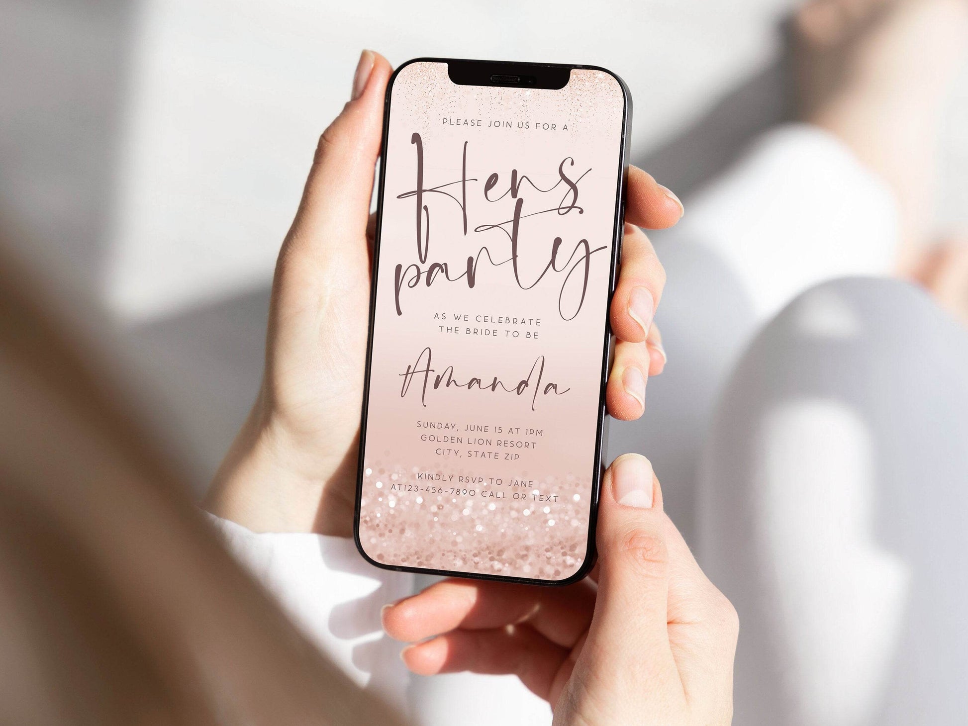 Digital Rose Gold Hens Party Invitation Template, Electronic Hens Party Invite, Bachelorette Text Message Evite, Custom Mobile Invitation