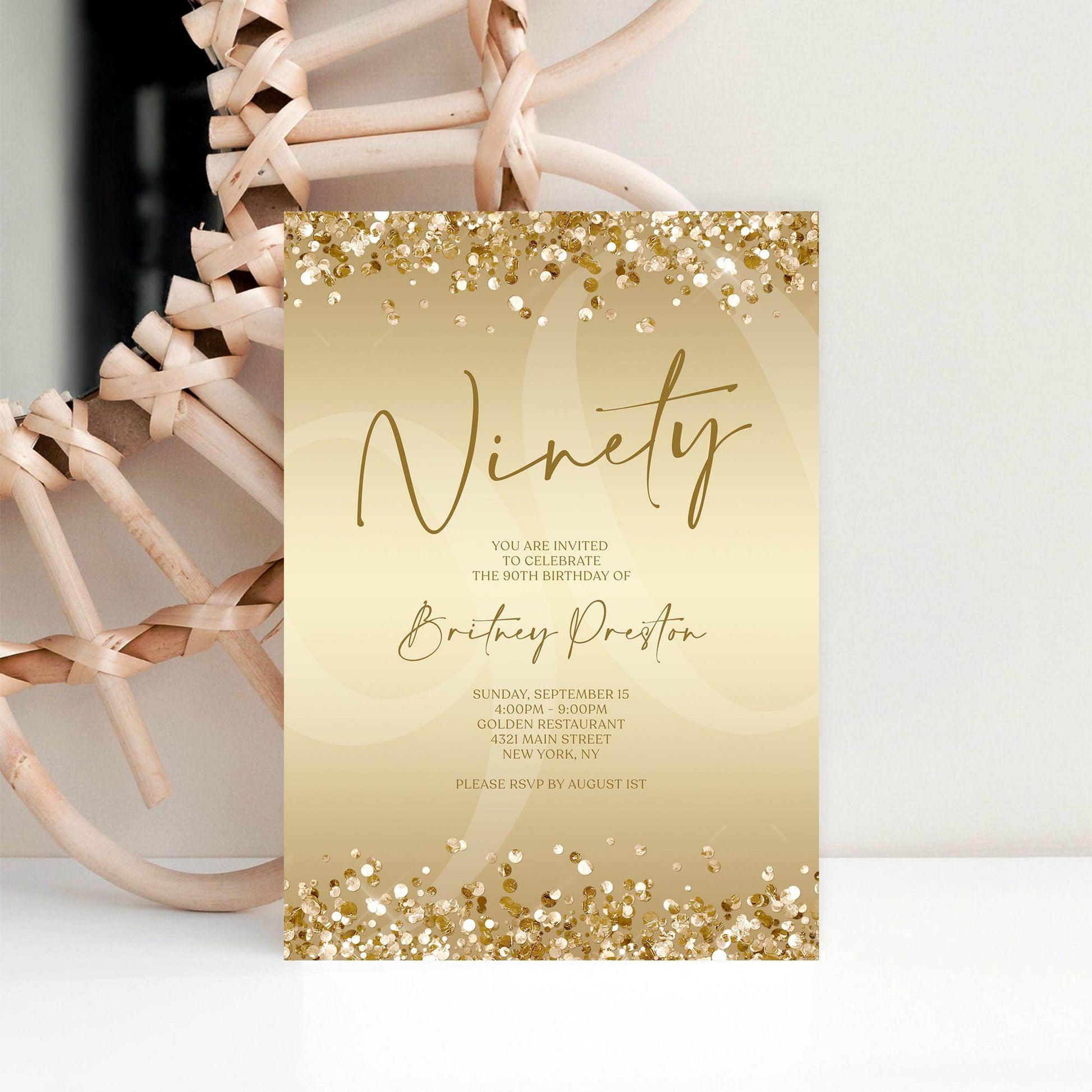 Gold Ninety 90th Invitation Template Printable, Editable Gold Confetti 90th Birthday Invite, Email Text Message, Ladies Surprise Party Card