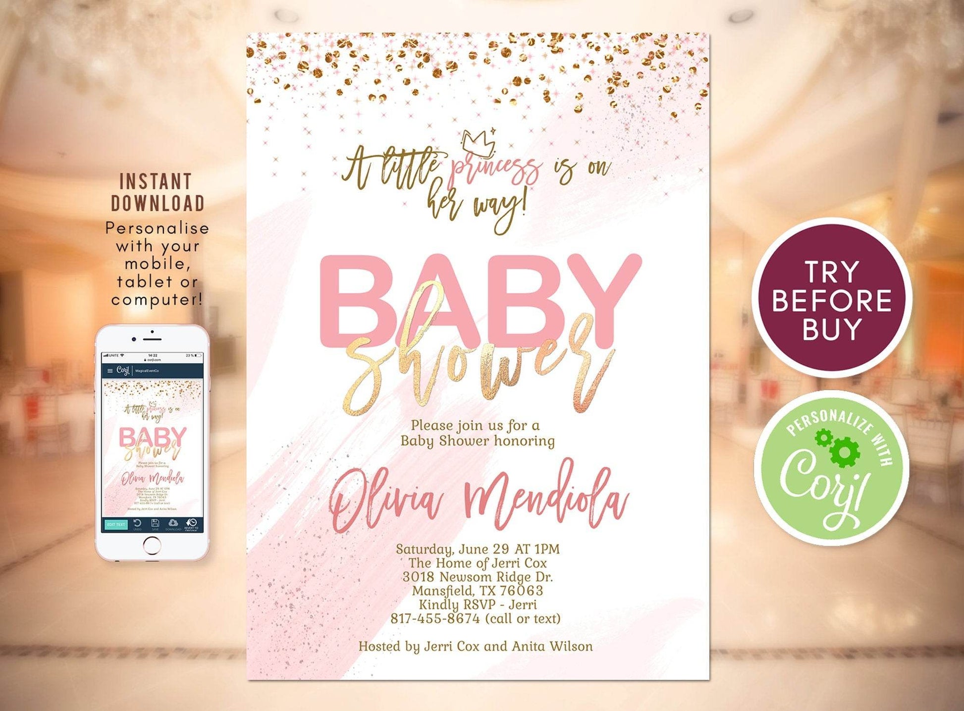 Gold Blush Confetti Girl Baby Shower Pink Invitation, Crown Princess Baby Shower Girl Invitation, Princess Baby Shower Printable Invite DIY