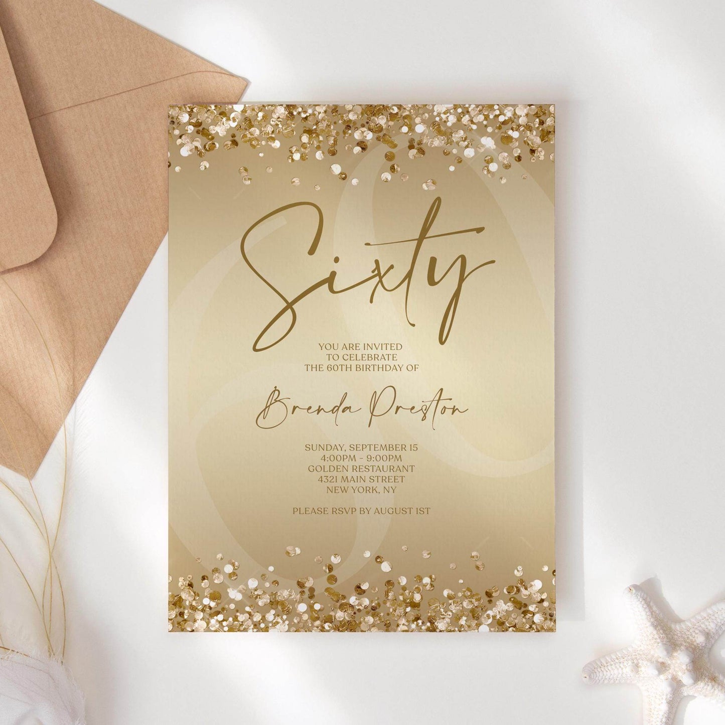 Gold Sixty 60th Invitation Template Printable, Editable Gold Confetti 60th Birthday Invite, Email Text Message, Ladies Surprise Party Card