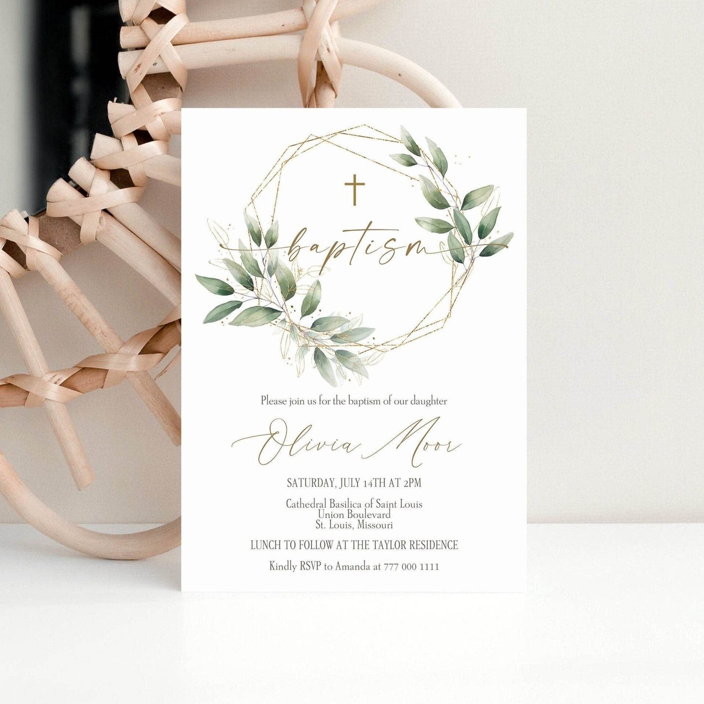 Printable Baptism Invitation Template - Gold Geometric & Greenery Watercolor Design - Editable Baptism Invite for Boy or Girl - Instant Download