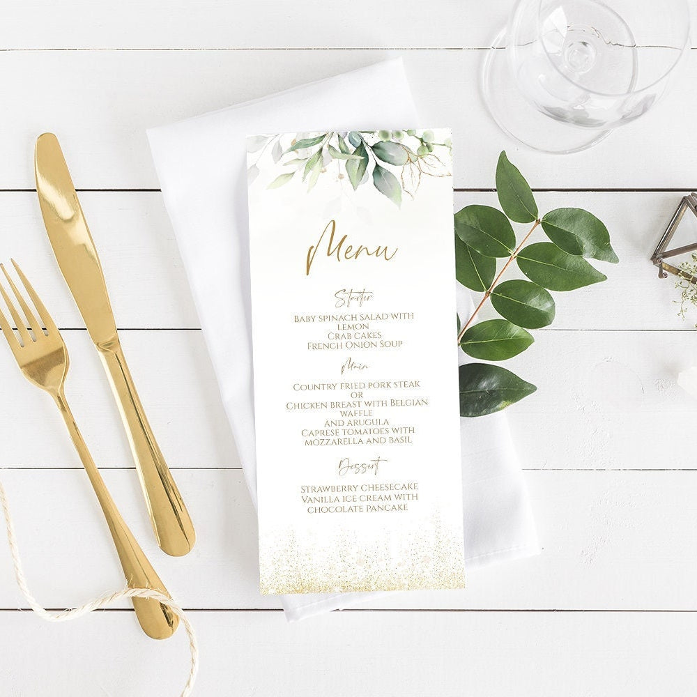 Greenery Birthday Menu Template, Printable Gold Dinner Menu Card, Wedding Menu Card, Instant Download, Editable Menu Digital Table Card DIY