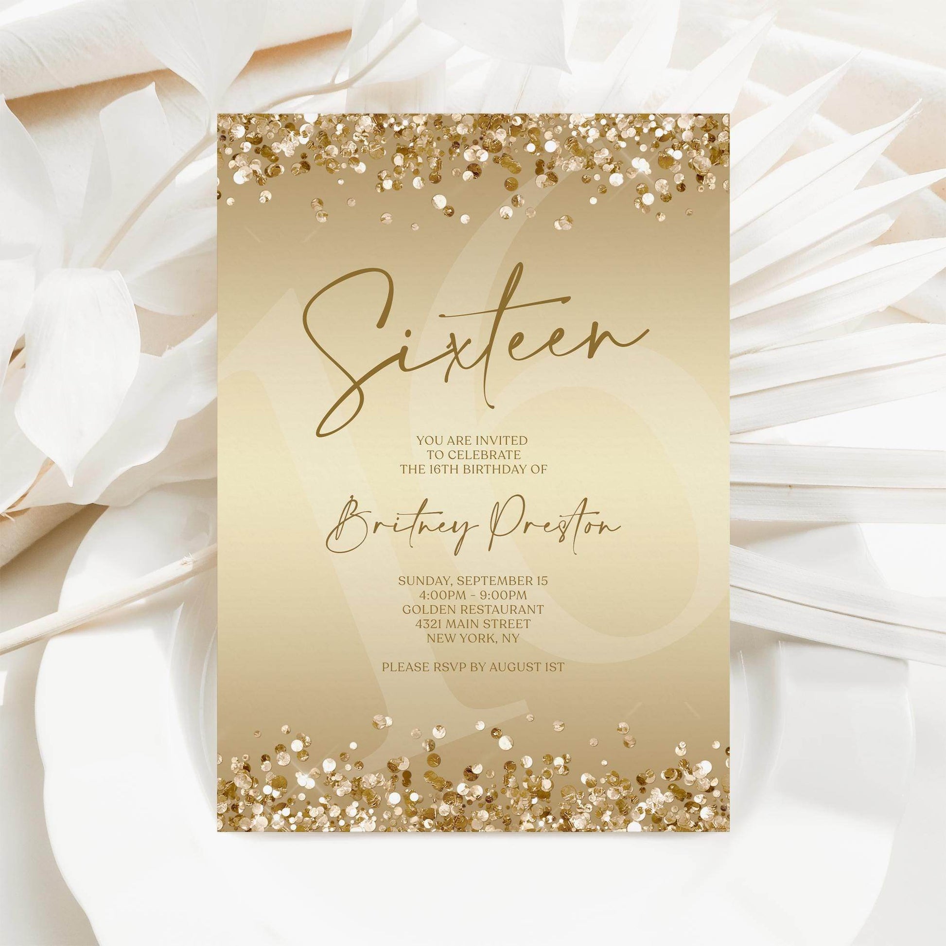 Gold 16th Birthday Invitation Template, Editable Digital Sweet Sixteen Party Invite, Confetti Text Message Evite, Instant Download DIY