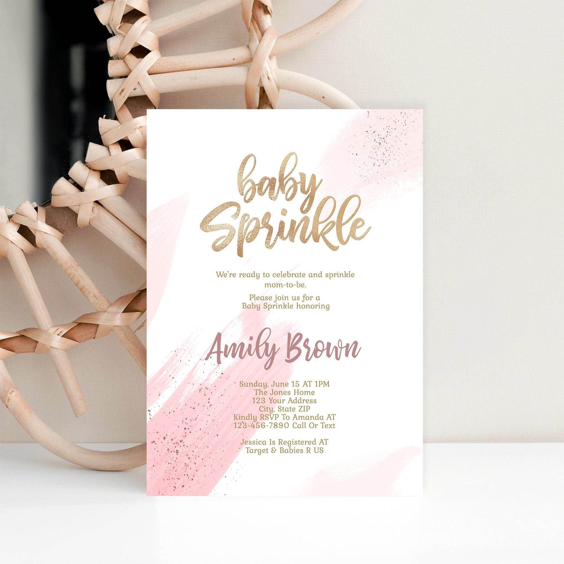 Girl Baby Sprinkle Invitation Template Printable, Gold Pink Baby Sprinkle Invite, Editable Girl Baby Shower Card, Email Text Message