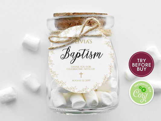 Thank You Baptism Round Tag Template | Printable First Communion Favor Tag | Gold Wreath Christening Tag | Boy Girl Baptism | Instant Download