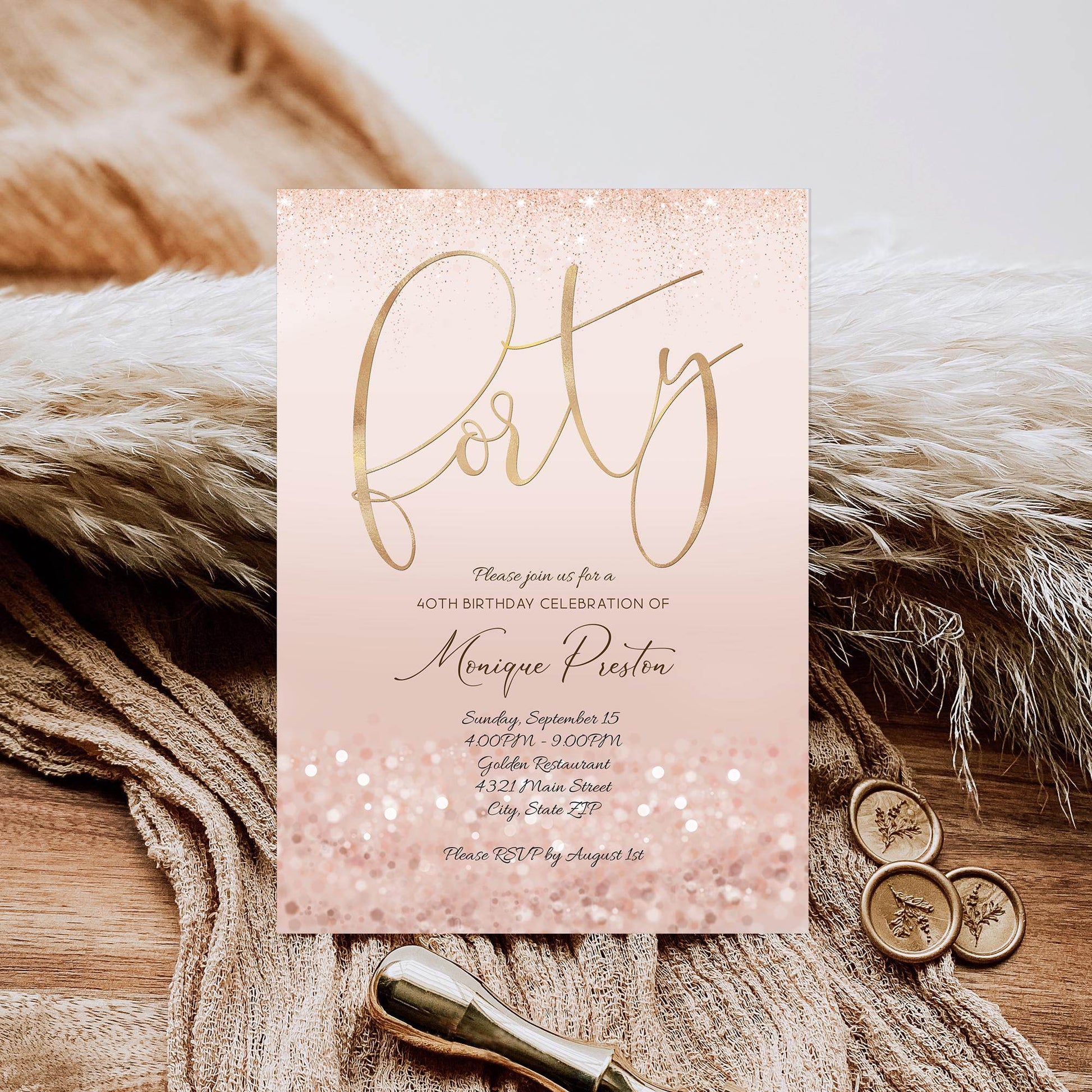 Rose Gold 40th Birthday Invitation Template, Editable Ladies Surprise Party Invite, Printable Pink Evite, Digital Text Message Download