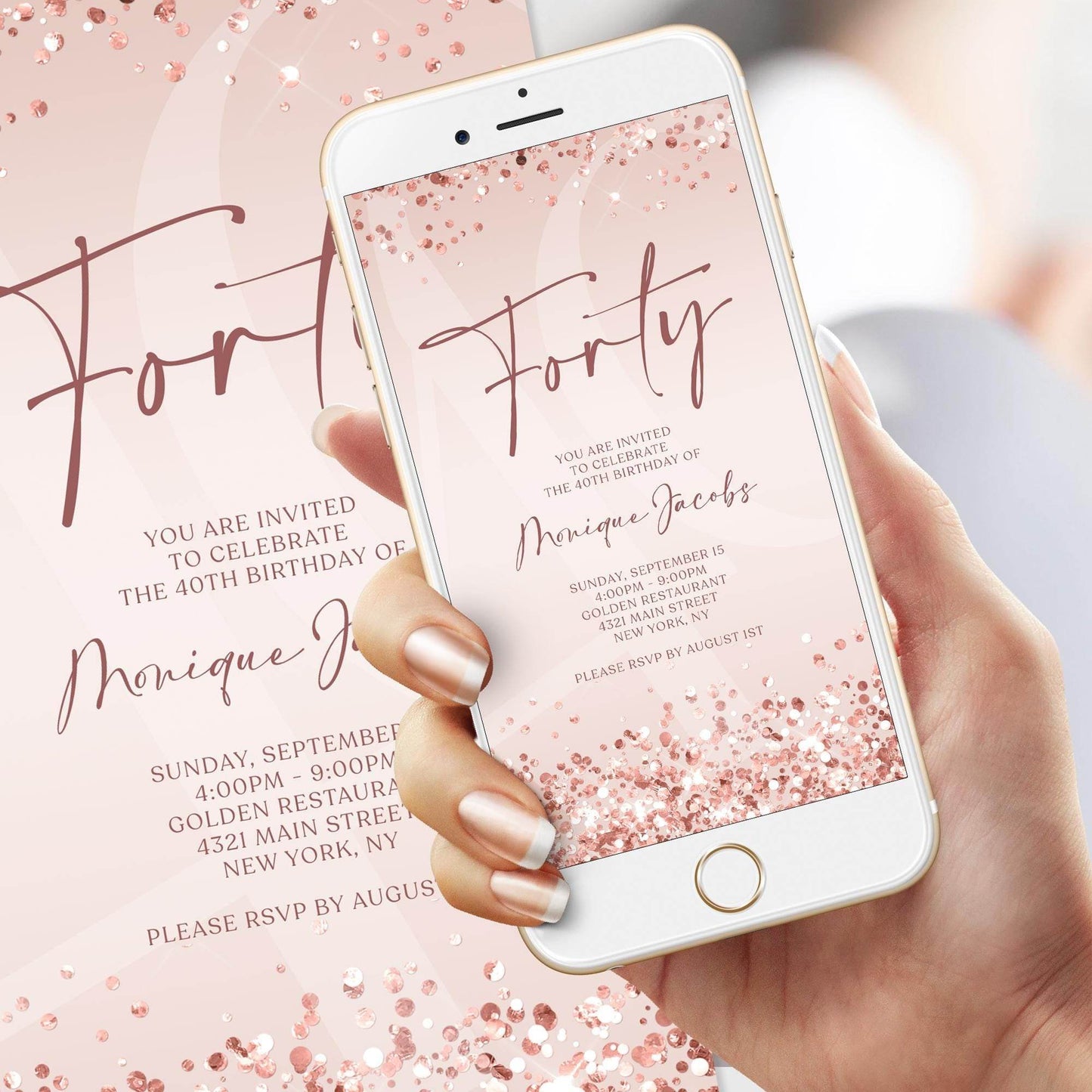 Pink Rose Gold Forty 40th Invite Digital, Birthday Invitation Template, Editable Rose Gold Evite, Text Message Electronic Birthday Card