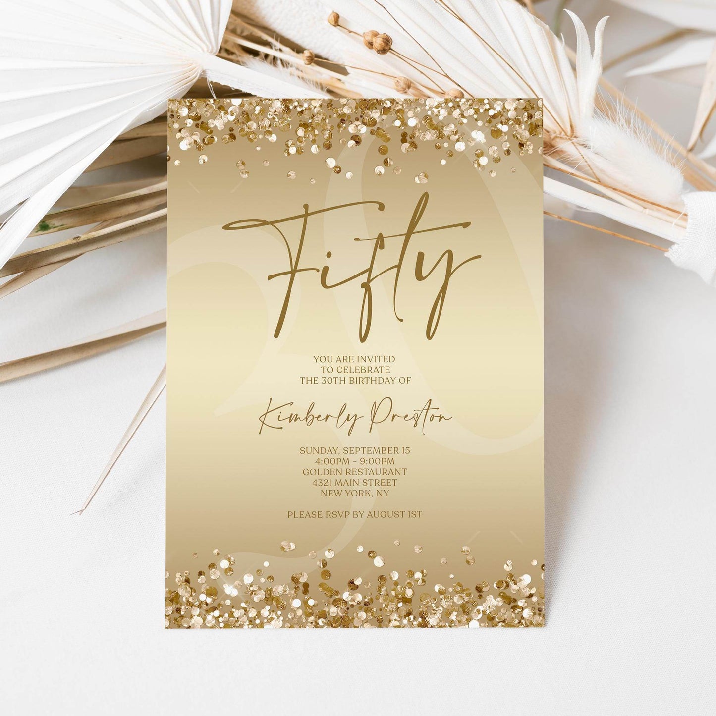Gold 50th Birthday Invitation Template, Editable Fifty Surprise Party Evite, Digital Gold Invite for Women, Email Text Message Download