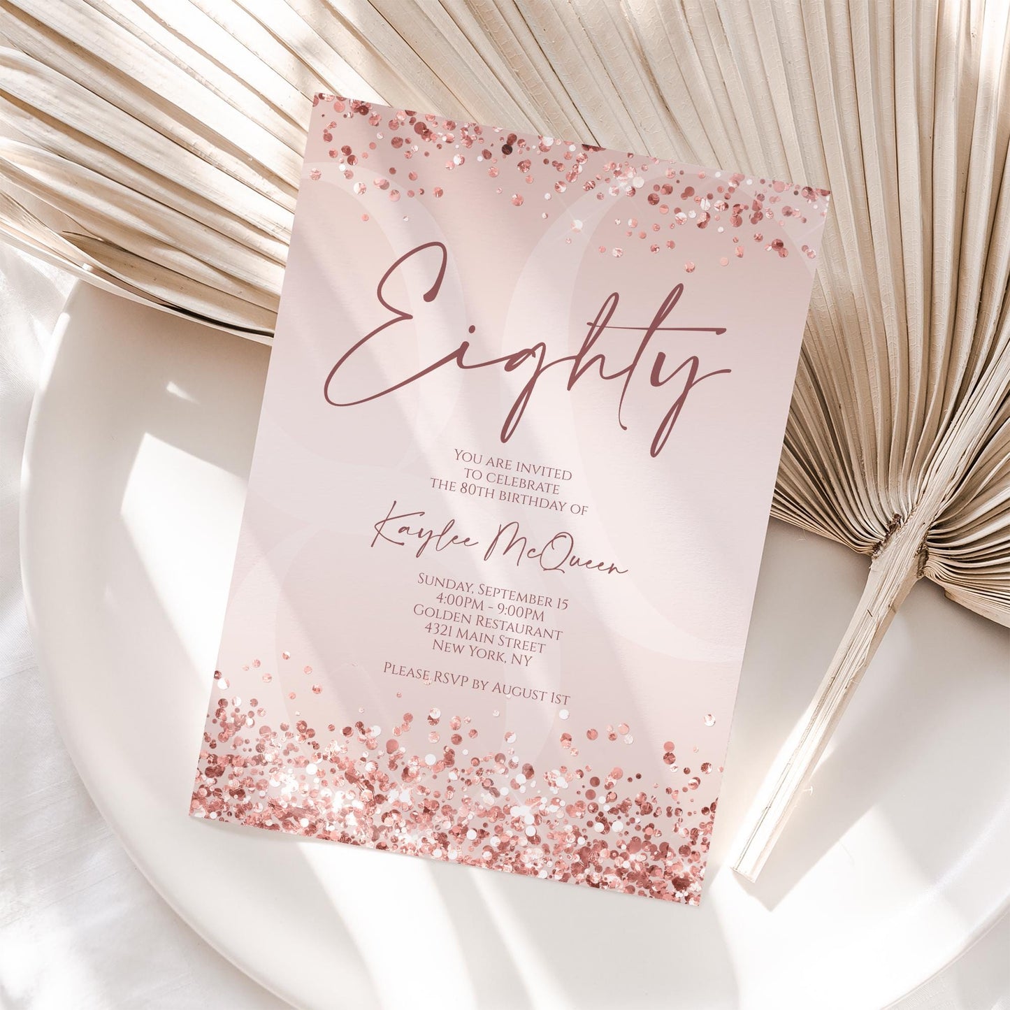 Rose Gold 80th Eighty Invitation Template Printable, Editable Pink Women 80th Birthday Invite, Email Text Message, Birthday Card Invitation