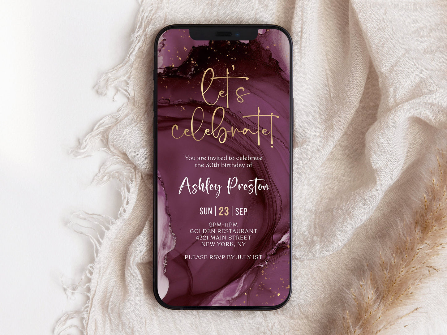 Purple Gold Let's Celebrate Birthday Invitation Template, Digital Birthday Party Invites, Editable Any Age Invites, Any Age Birthday Evite