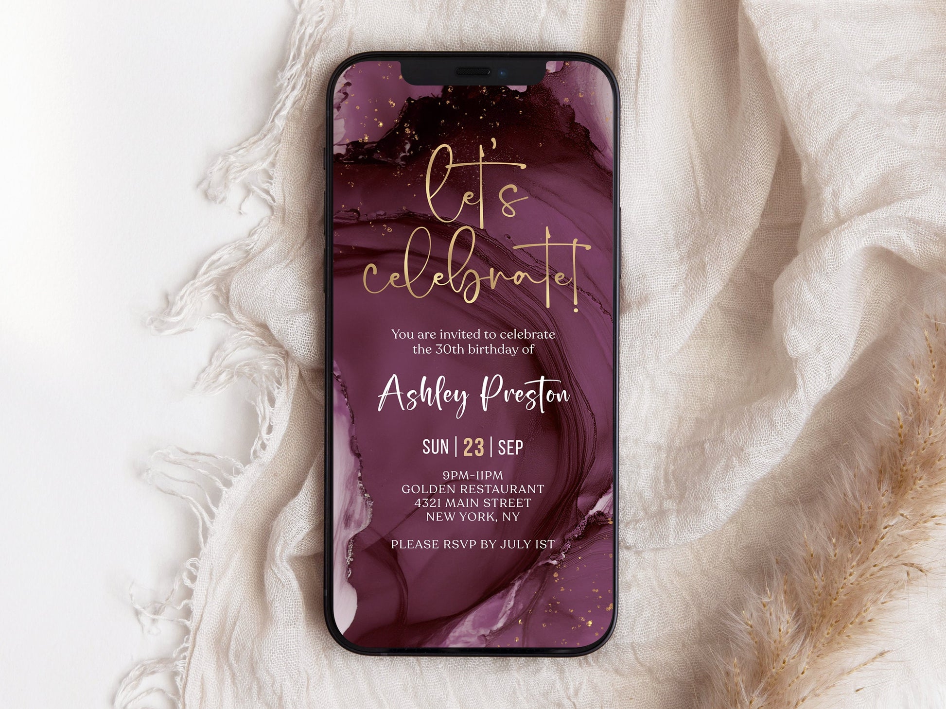 Purple Gold Let's Celebrate Birthday Invitation Template, Digital Birthday Party Invites, Editable Any Age Invites, Any Age Birthday Evite