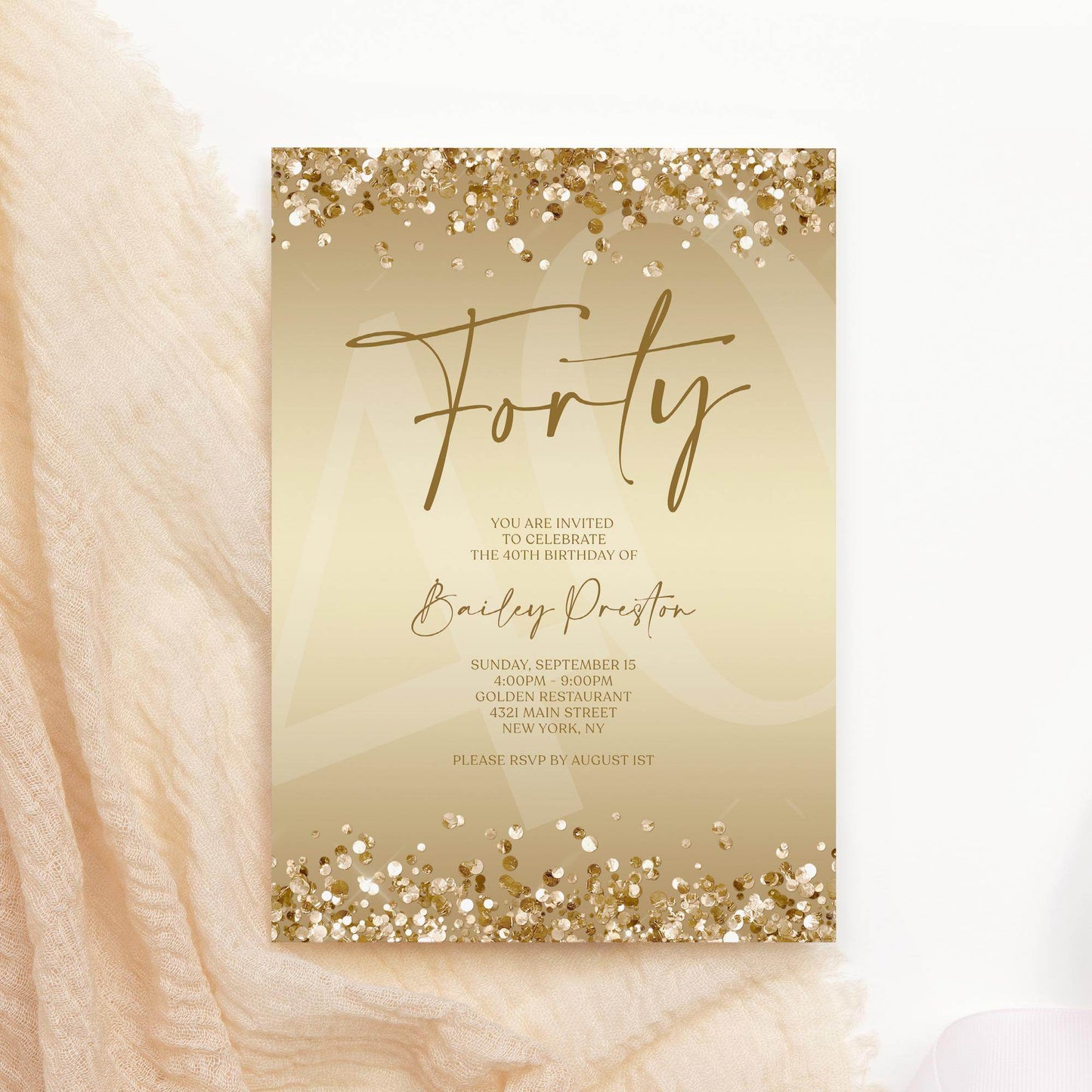 Gold 40th Birthday Invitation Template, Editable Forty Party Printable Invite, Ladies Surprise Birthday Evite, Text Message Digital Download