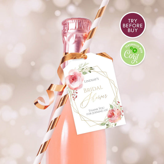 Editable Bridal Shower Thank You Tags, Mini Wine Champagne Bottle Favor, Wedding Blush Floral Gold Geometric Template, Instant Download DIY