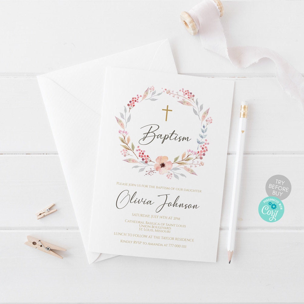 Girl Baptism Invitation Template Editable, Boho Floral Girl Invite Template, Printable Blush Pink Christening Card Invite, Digital Download