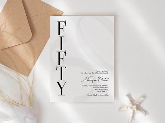 Simple 50th Birthday Invitation Template, Modern Black and White Printable Invite, Elegant Editable Fifty Birthday Card, Instant Download