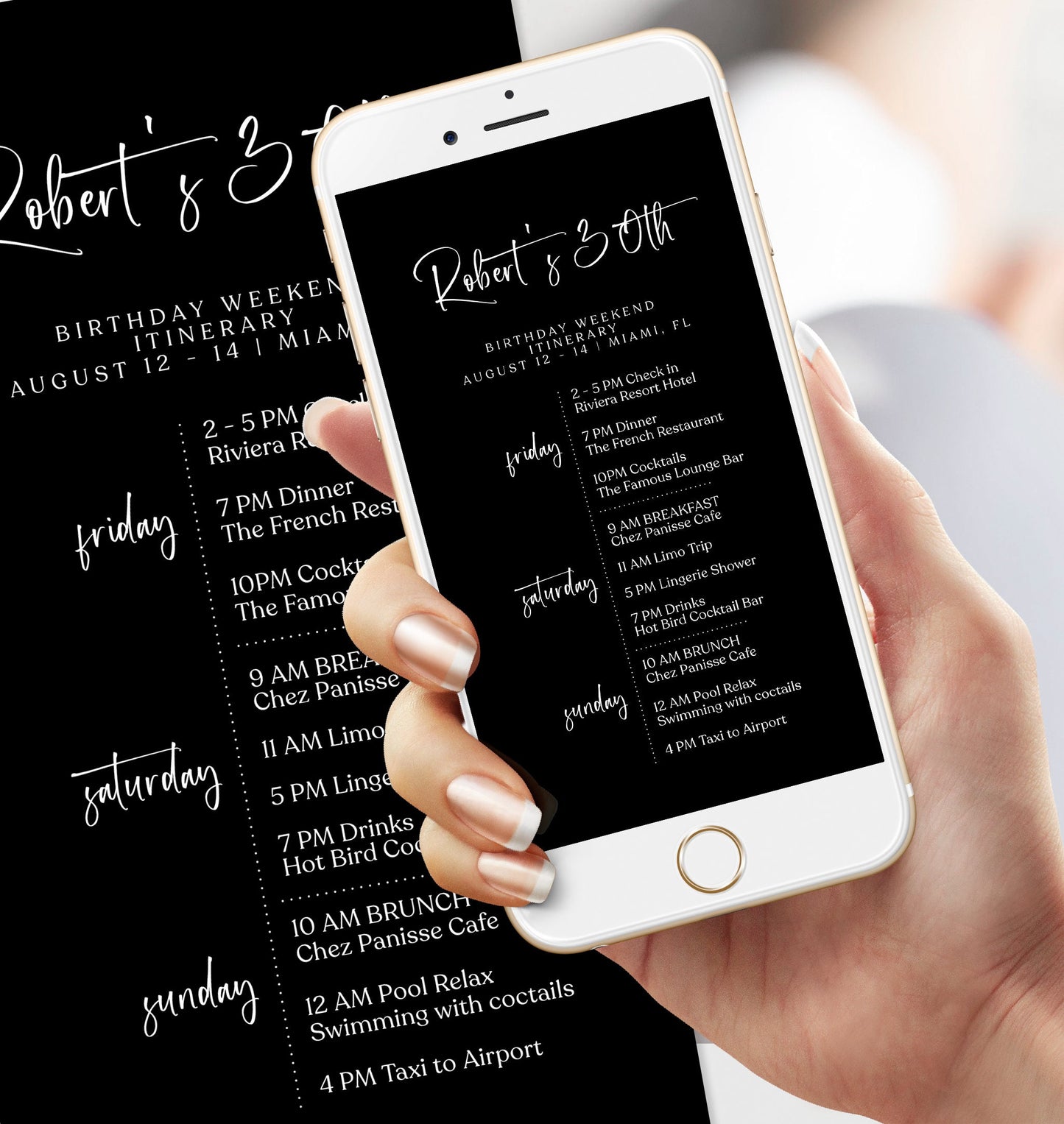 Electronic Black Birthday Weekend Itinerary Template, Digital Editable Minimalist Weekend Itinerary, Simple Birthday Weekend Itinerary Evite